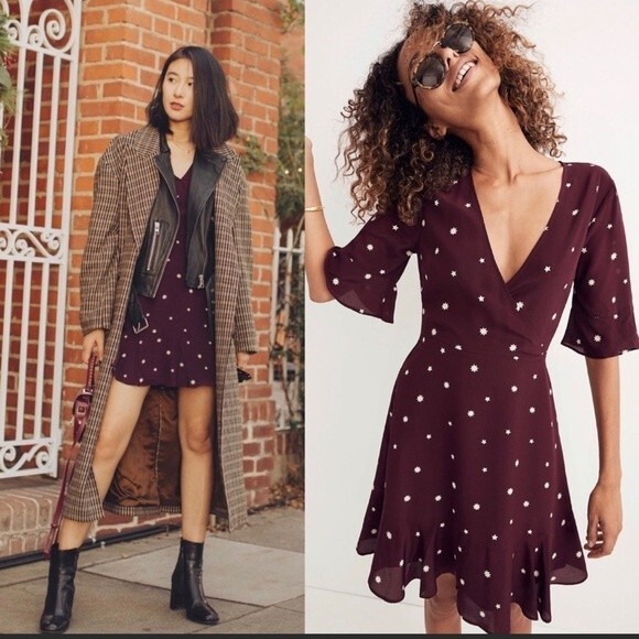 Madewell burgundy Silk Star Print Mini Dress size  0 - Picture 1 of 16